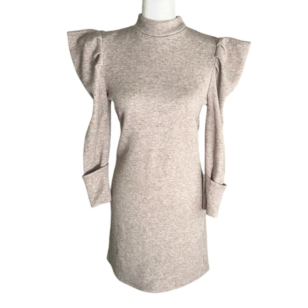 Vanessa Scott Beige Exaggerated Puff Shoulder Mockneck Knit Mini Dress - M